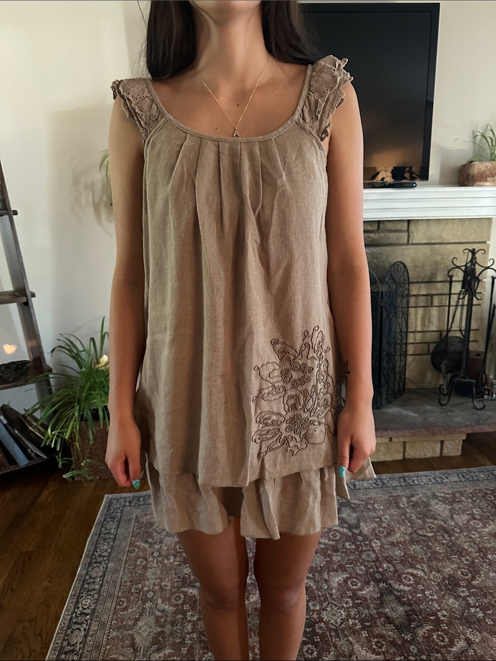 Blue Bird Mini Dress in Taupe Brown with Embroidered Detail